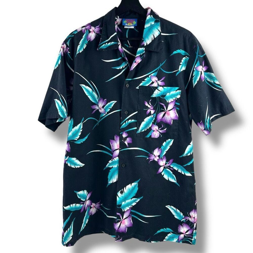 Vintage Hawaii Blues Men's M Aloha Hawaiian‎ Button Down Black Tropical Print
